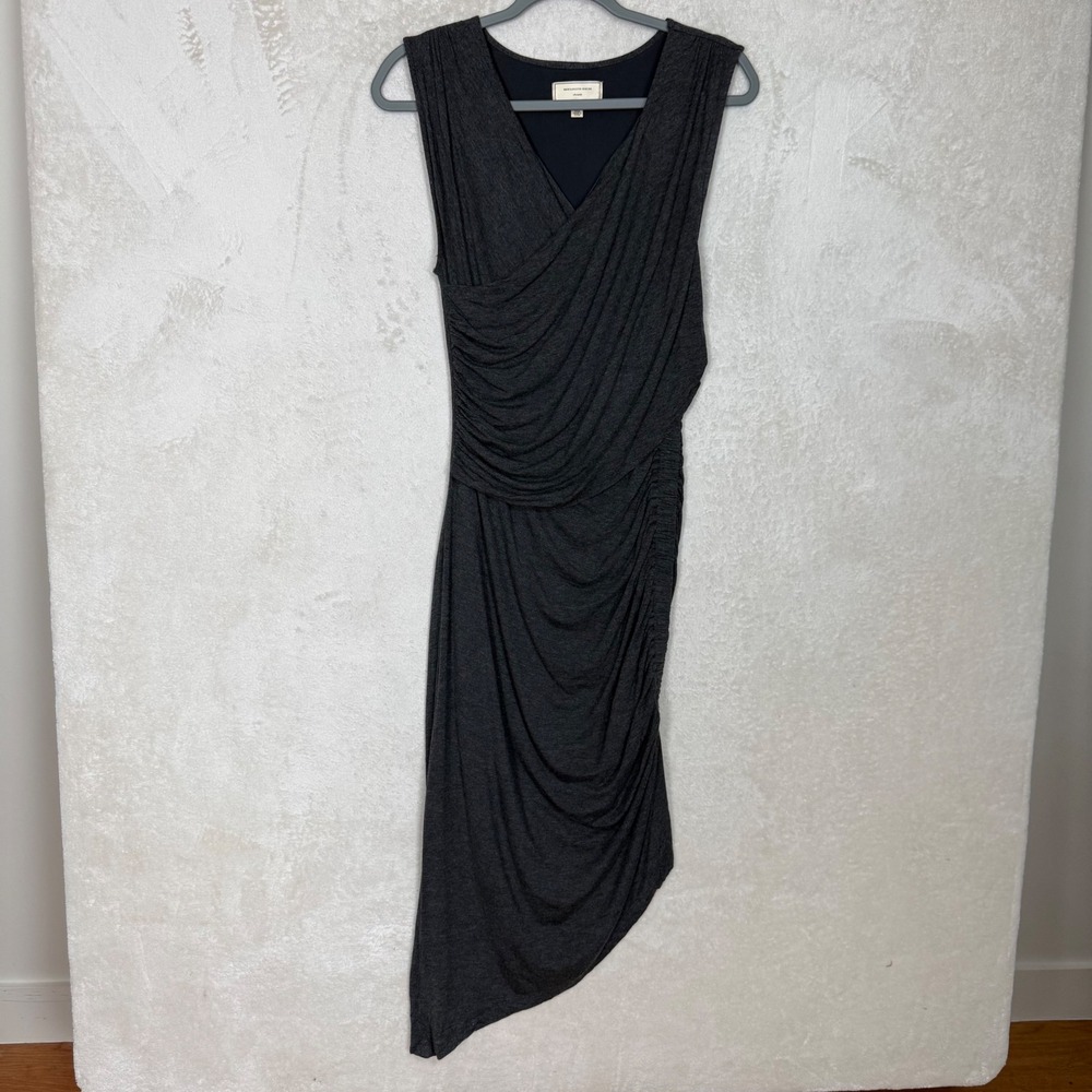 Moulinette Soeurs Grey Ruched Asymmetrical Drape Midi Dress Womens Med Slimming